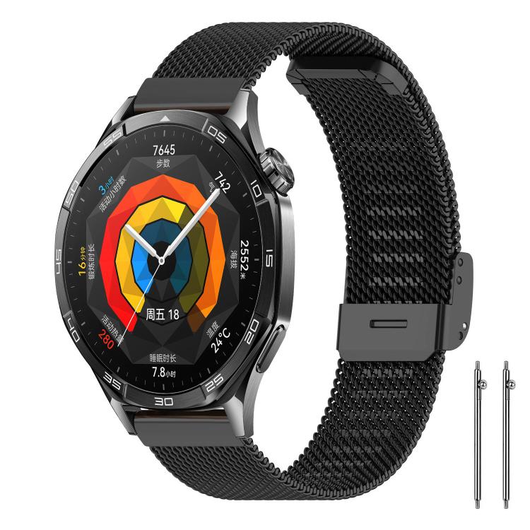 Black metal mesh watch band with rugged round smartwatch and two spring bars