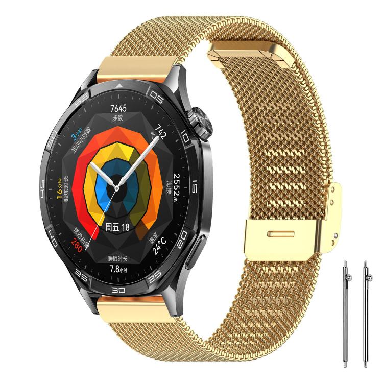xDfind gold-tone metal mesh watch band with buckle, shown attached to a smartwatch