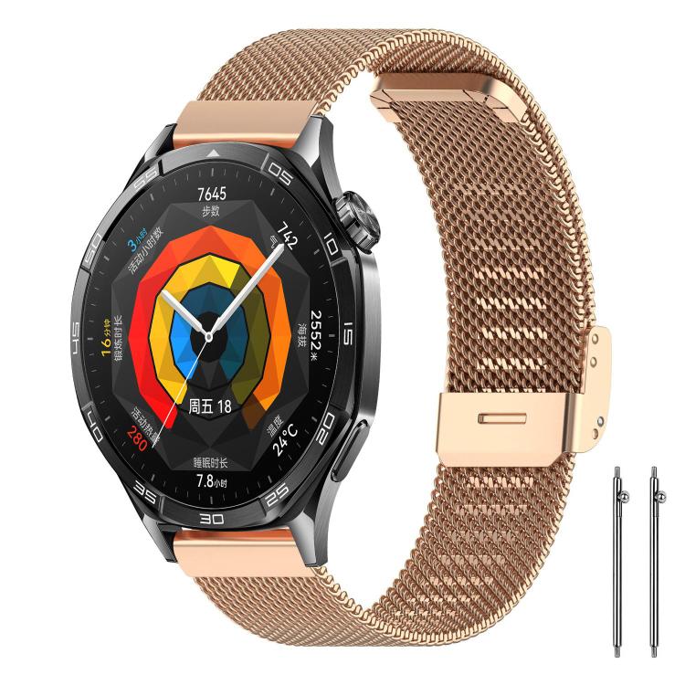 xDfind rose gold-tone metal mesh watch band with buckle, shown attached to a smartwatch