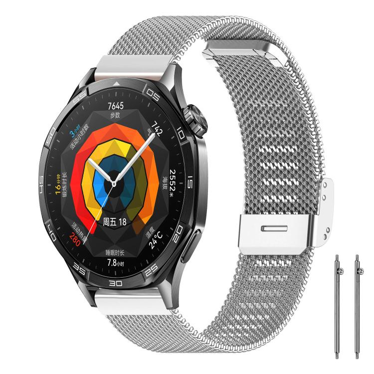xDfind silver-tone metal mesh watch band with buckle, shown attached to a smartwatch