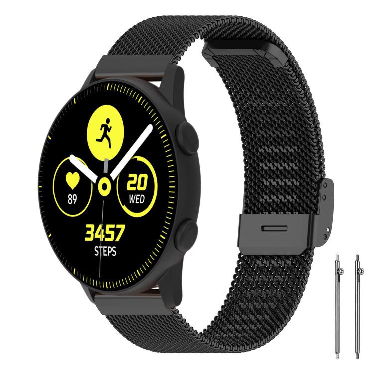 Black metal mesh watch band with a buckle, shown fitted to a smartwatch