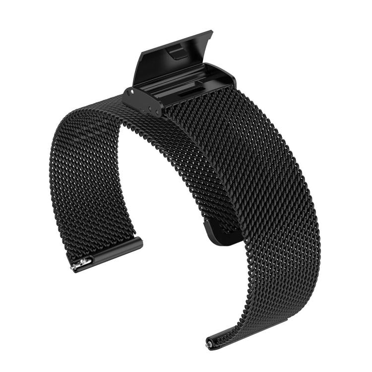 Black metal mesh watch band shown close up with its open buckle