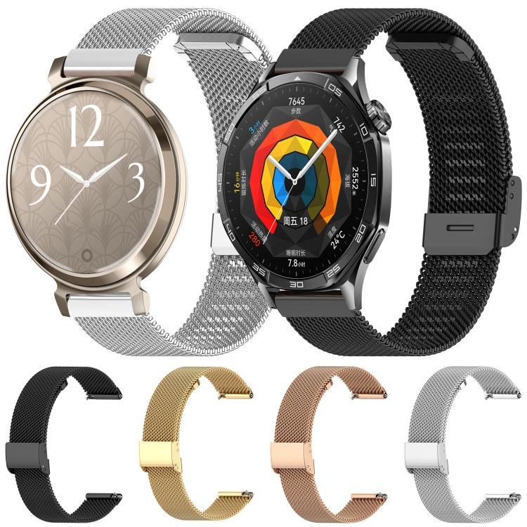 xDfind metal mesh watch bands in black and silver, with watch examples and color options