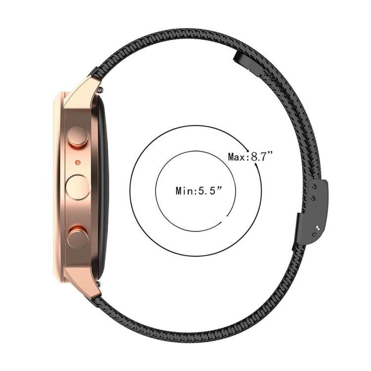 xDfind black metal mesh watch band shown with a watch and wrist-size range of 5.5 to 8.7 inches