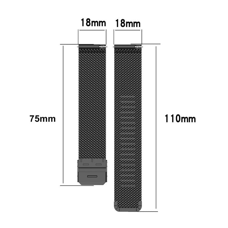 xDfind black metal mesh watch band dimensions: 18 mm wide, with 75 mm and 110 mm lengths