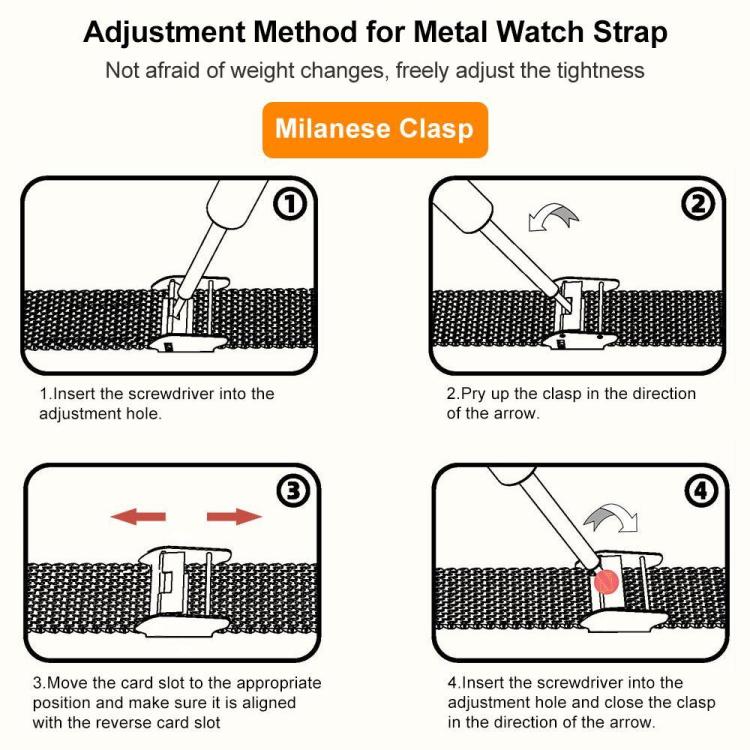 xDfind metal mesh watch band adjustment instructions showing how to reposition and close the clasp