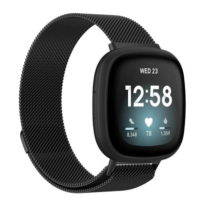 Black Milanese metal watch band shown attached to a smartwatch