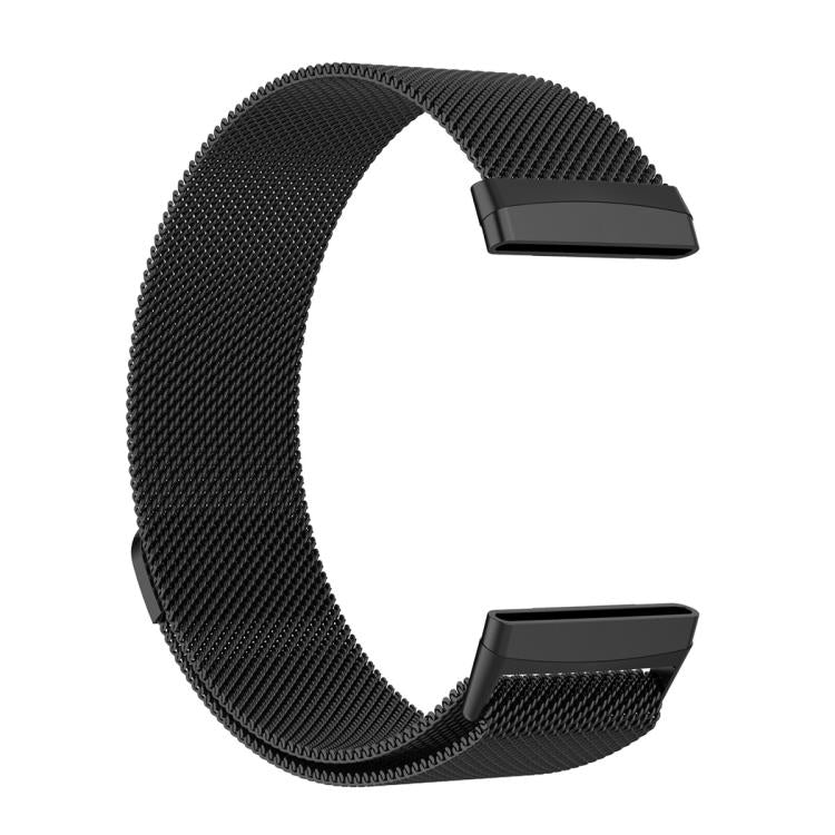 Black Milanese metal watch band with magnetic clasp, shown open