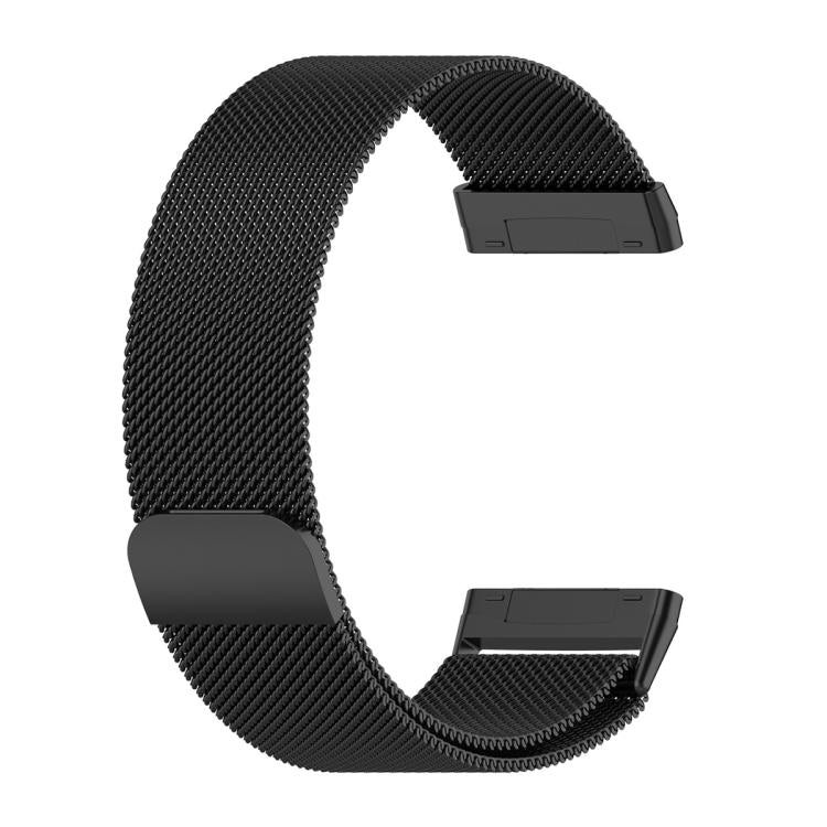 Reverse side of a black Milanese metal watch band with magnetic clasp