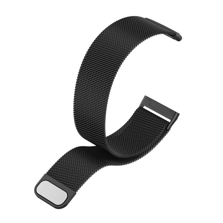 Black Milanese metal watch band shown open at an angle, with magnetic clasp