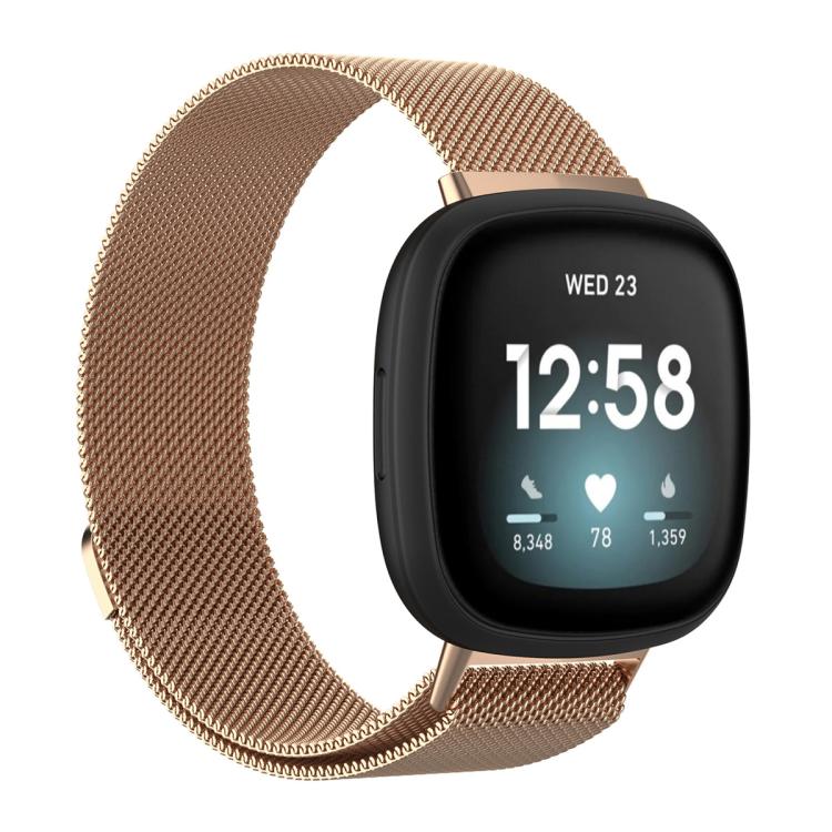Rose gold Milanese metal watch band attached to a smartwatch