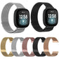 Milanese metal watch bands in five colors, shown attached to smartwatches and open