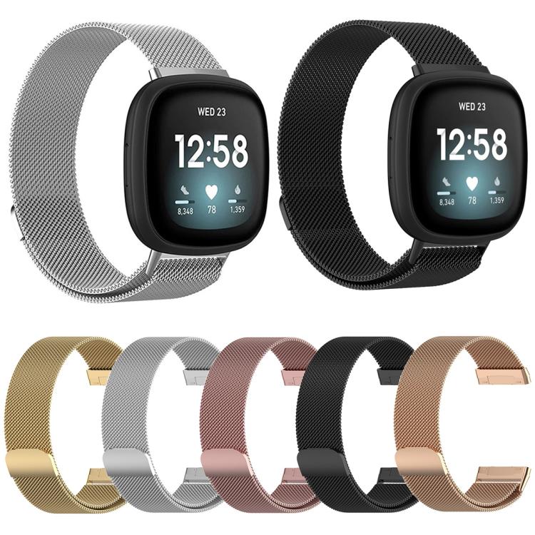 Milanese metal watch bands in five colors, shown attached to smartwatches and open