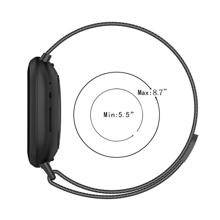 Black Milanese metal magnetic watch band shown looped with a 5.5 to 8.7 inch fit range.