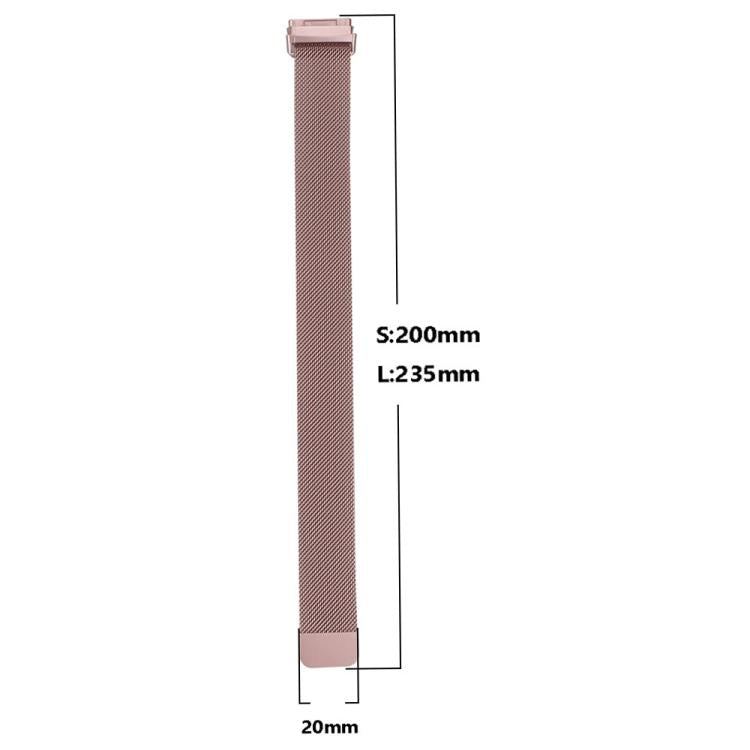 Rose gold Milanese magnetic metal watch band with 20 mm width and size S length markings