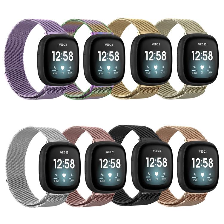 Milanese metal magnetic watch bands shown in eight colors, including purple, gold, silver, black, and rose.