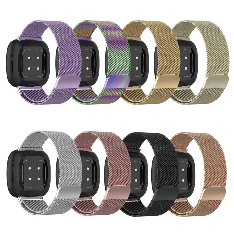 Rear view of Milanese metal magnetic watch bands in eight colors, showing their attachment ends.