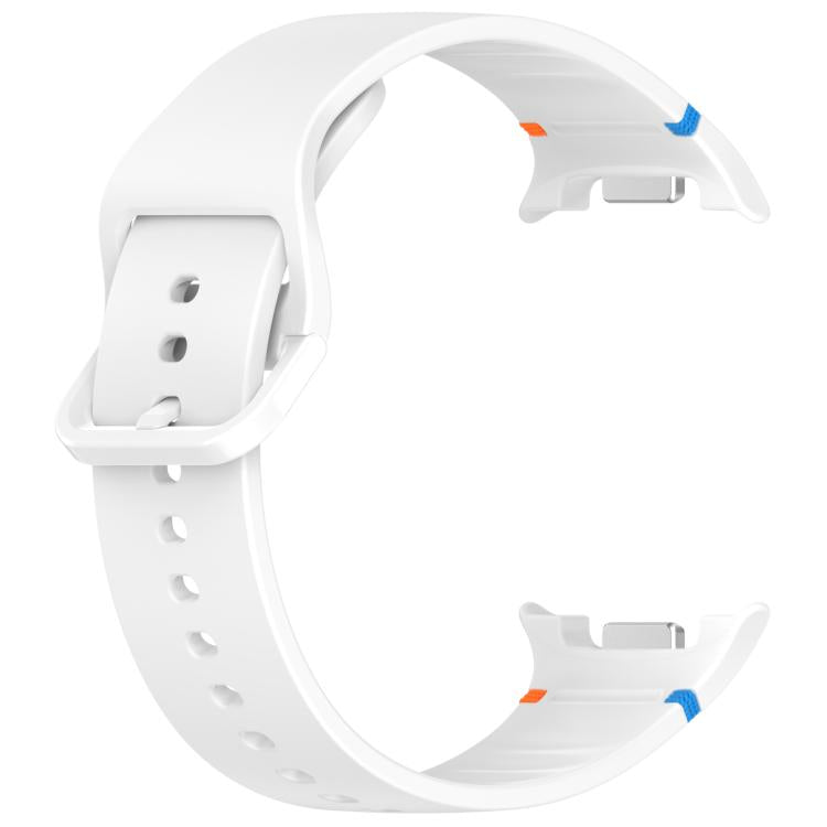 White silicone watch band shown alone, with buckle, adjustment holes, and watch connectors.
