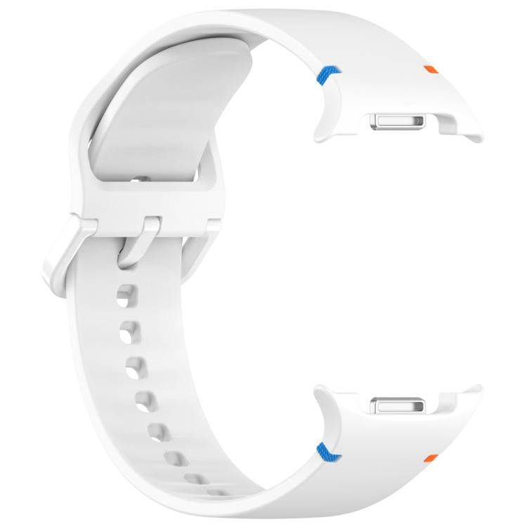 White silicone watch band shown alone with buckle, adjustment holes, and metal connector slots.