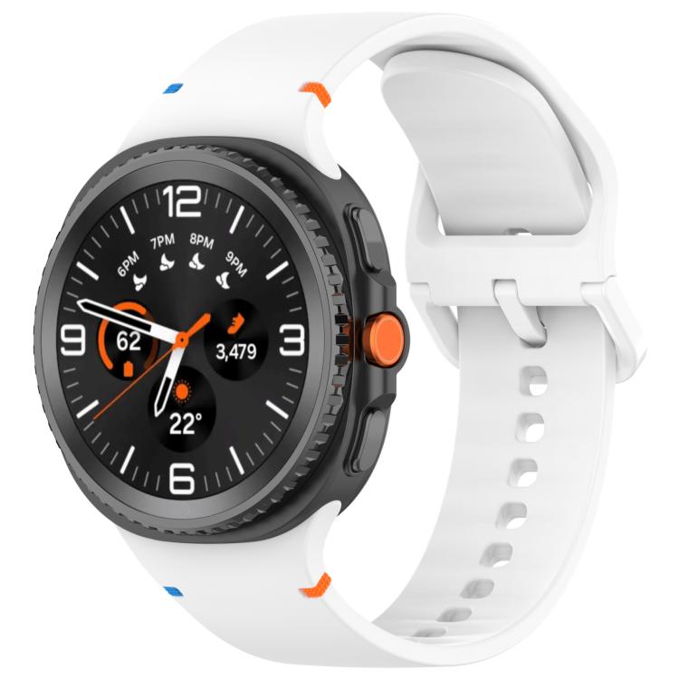 White silicone watch band with perforated strap and buckle, shown on a black smartwatch.