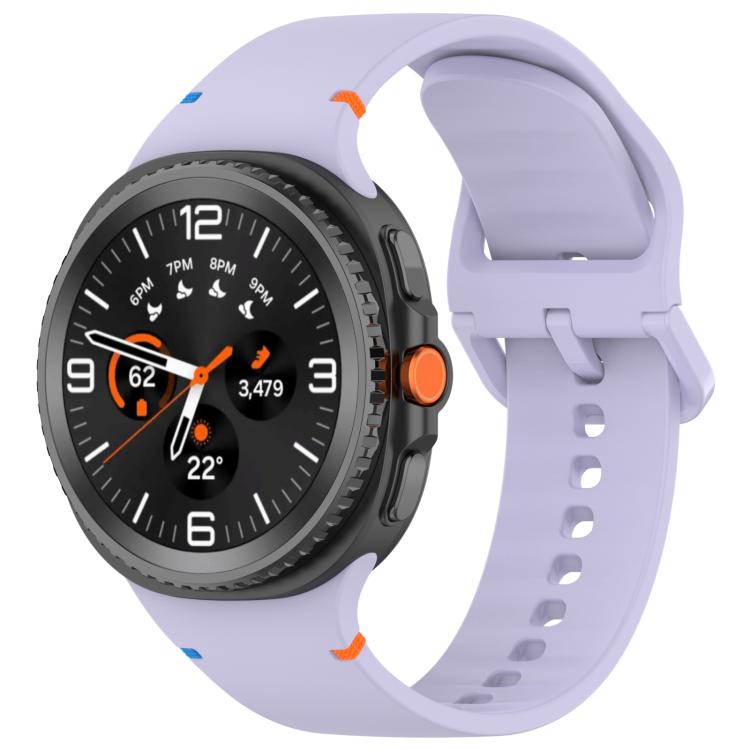 Lavender silicone smartwatch band with a perforated strap and matching buckle.