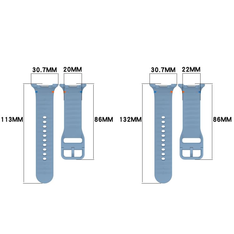 Blue silicone watch band size diagram comparing 20 mm and 22 mm widths and strap lengths.