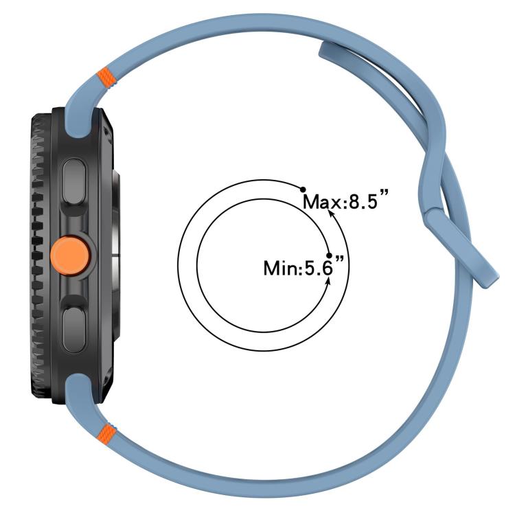 Blue silicone watch band shown side-on with a wrist fit range of 5.6 to 8.5 inches.