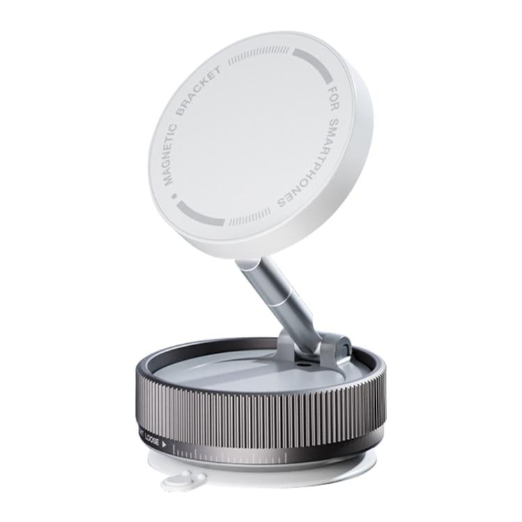 White three-axis folding vacuum magnetic car phone holder with round magnetic pad and rod