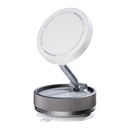White three-axis folding vacuum magnetic car phone holder with round magnetic pad and rod