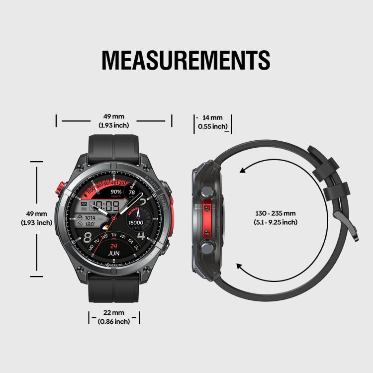 Zeblaze Stratos 4 black smartwatch with 49 mm case, 14 mm thickness, and adjustable strap