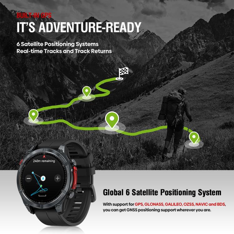 Zeblaze Stratos 4 GPS smartwatch displaying a route map on its round screen