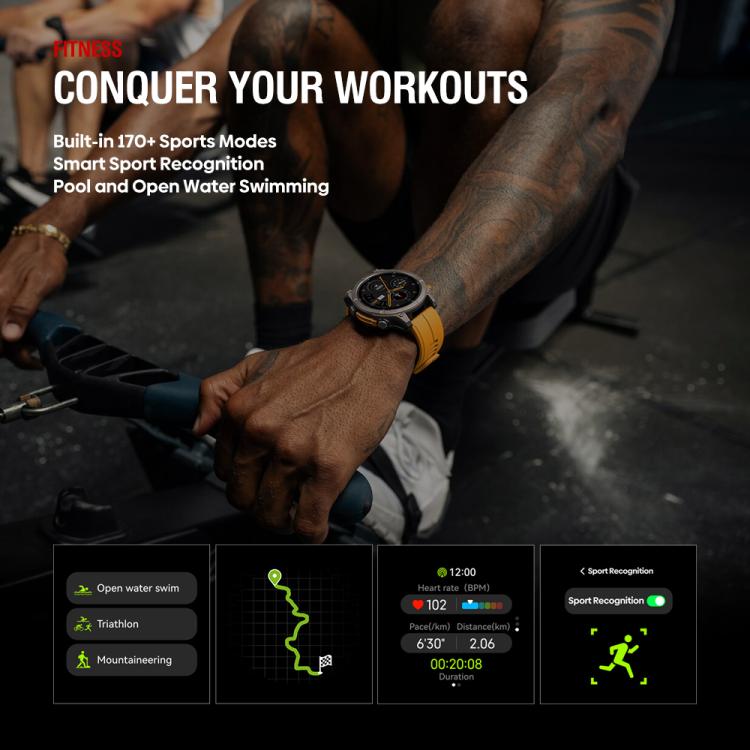 Zeblaze Stratos 4 smartwatch with orange strap shown during a workout
