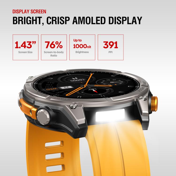 Zeblaze Stratos 4 smartwatch with orange strap, rugged case and bright round AMOLED display