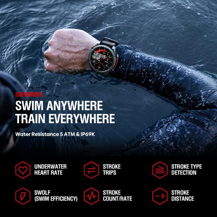 Zeblaze Stratos 4 black GPS smartwatch worn while swimming