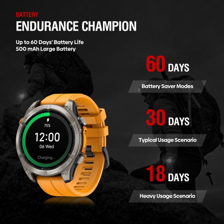 Zeblaze Stratos 4 smartwatch with orange strap and silver case, showing battery status