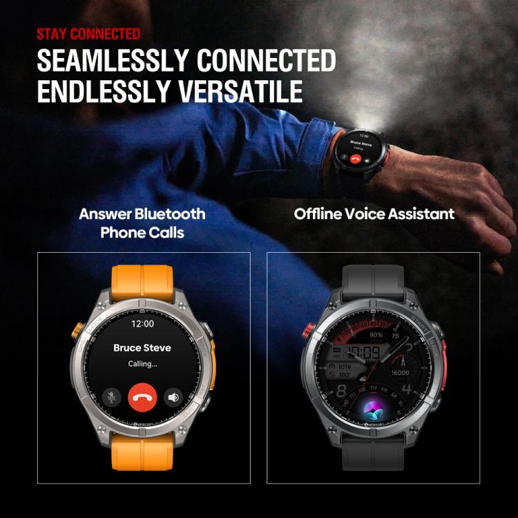 Zeblaze Stratos 4 black and orange smartwatches showing call and voice assistant screens