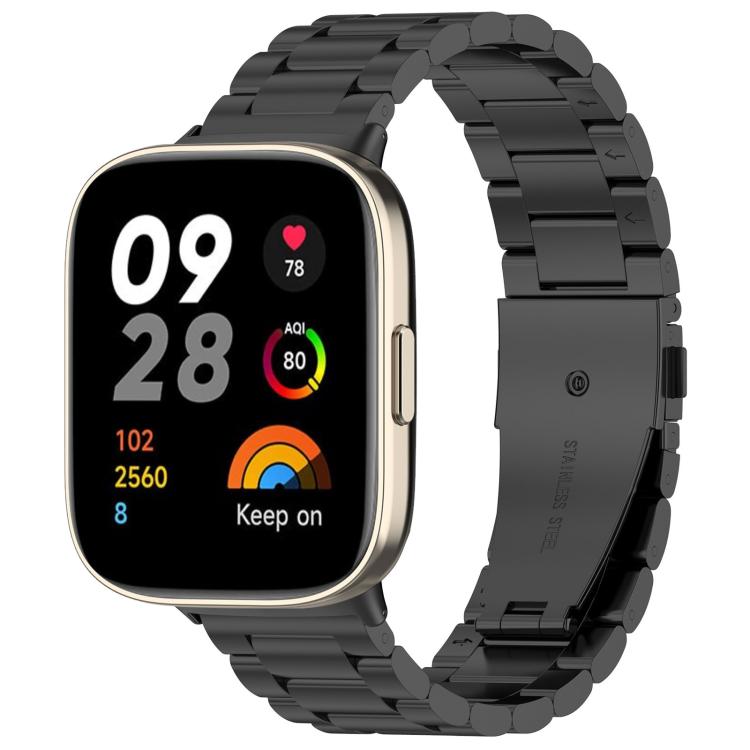 Black stainless steel three-bead watch band on a smartwatch