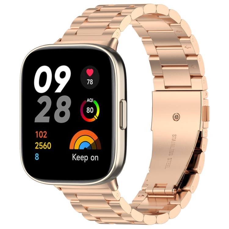 Rose gold three-bead stainless steel watch band on a smartwatch