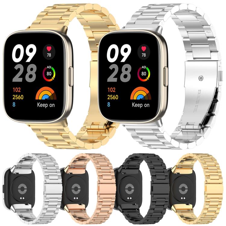Three-bead stainless steel watch bands in silver, gold, rose gold and black, shown on smartwatches.