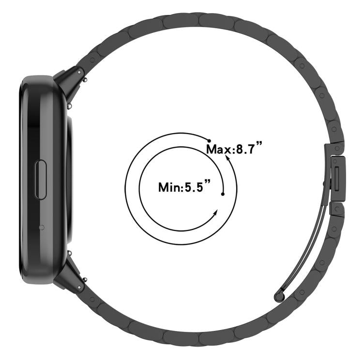 Black three-bead watch band shown fitted to a smartwatch, adjustable for 5.5 to 8.7-inch wrists.