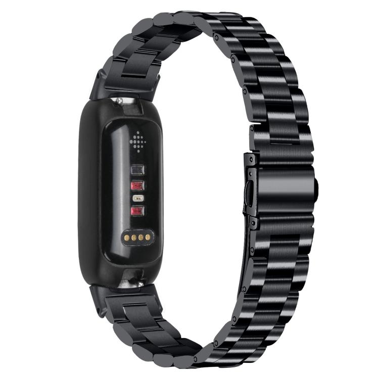 Black three-bead stainless steel watch band with tracker shown from the back.