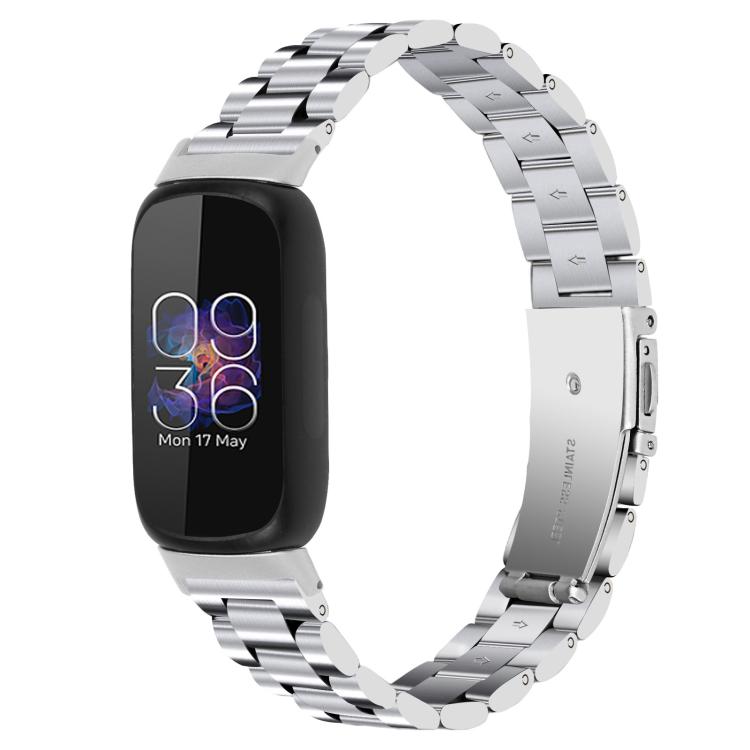 Silver stainless steel watch band with a three-bead link design, shown on a fitness tracker.