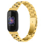 Gold stainless steel watch band with a three-bead link design, shown on a fitness tracker.