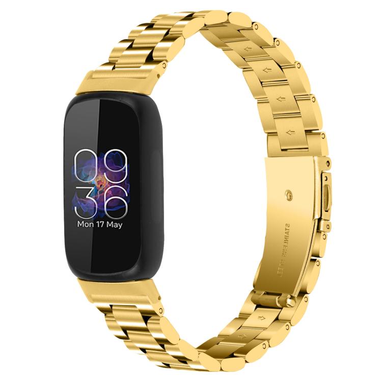 Gold stainless steel watch band with a three-bead link design, shown on a fitness tracker.