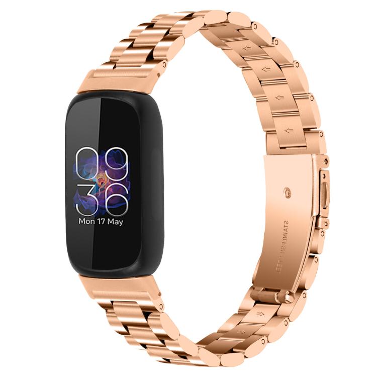 Rose gold stainless steel watch band with a three-bead link design, shown on a fitness tracker.