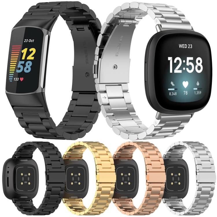 Three-bead metal watch bands in black, silver, gold, and rose gold, shown on fitness trackers.