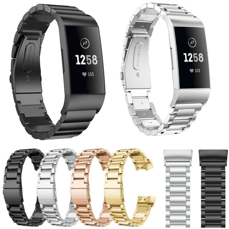 Three-bead metal watch bands in four colors, with tracker examples and loose band links.