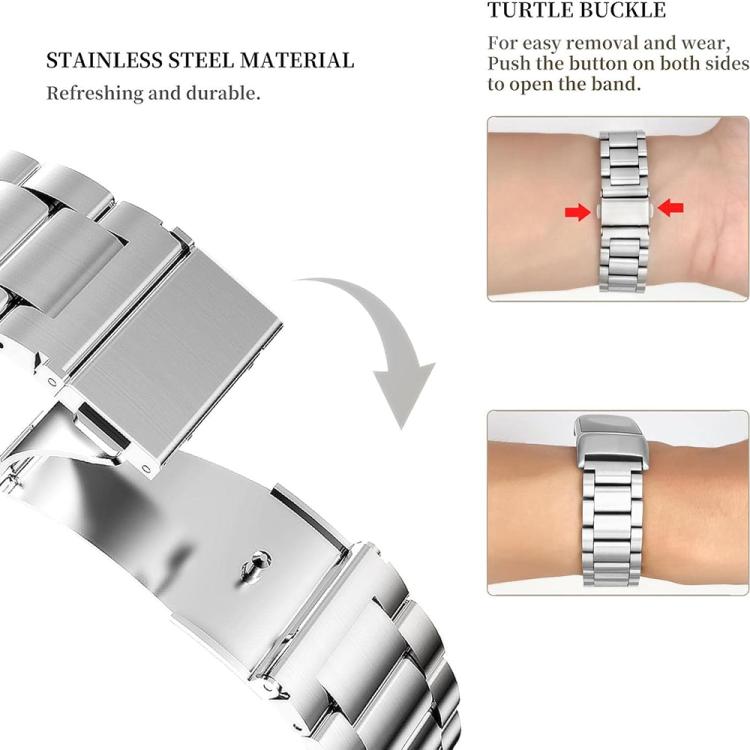Silver stainless steel watch band with a quick-release buckle shown open and fastened.