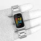 Silver three-bead metal watch band attached to a fitness tracker.