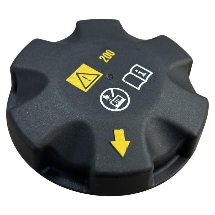 Car radiator cap, dark plastic top with yellow warning icons and white instruction symbols